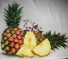 a painting of pineapples and strawberries on a white cloth