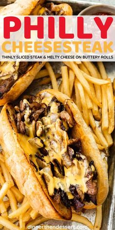 the cover of phily cheese steak is shown with french fries and other food items