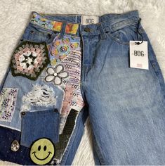 Beautiful And Unique Jeans Nwt Urban Denim Bottoms With Patches, High Rise Patchwork Flare Jeans, Blue Bohemian Jeans With Patches, Embroidered Wide Leg Denim Flare Jeans, Hippie Denim Bottoms With Patches, Unique Jeans, Bdg Jeans, High Waisted Flare Jeans, Striped Jeans