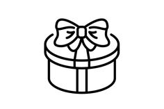 a black and white drawing of a gift box with a bow on the top it's lid