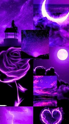 a collage of photos with the moon, stars and clouds in purple hues