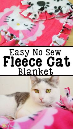 a cat laying on top of a bed next to a pink flowered blanket with the words easy no sew fleece cat blanket