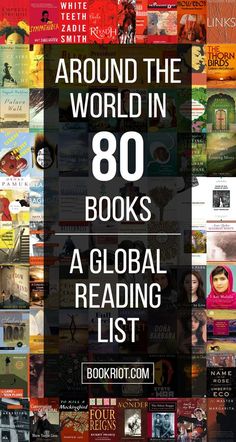 an image of books with the title around the world in 80 books, a global reading list