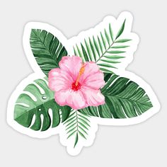 a pink flower and green leaves sticker on a white background with the words tropical