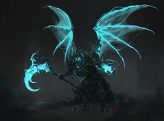 a demonic creature with glowing blue wings holding a staff