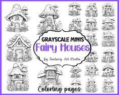 grayscale minis fairy houses coloring pages