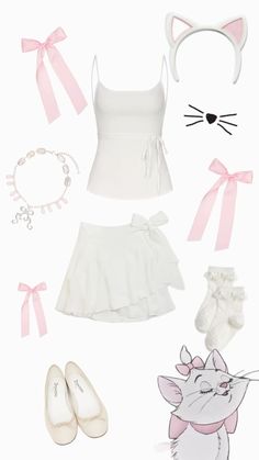 an assortment of clothing and accessories including shoes, bracelets, headbands and cat ears