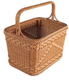 a wicker basket with handle on white background