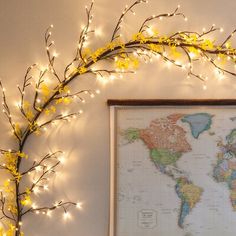 a map with yellow flowers on it and some lights hanging from the wall next to it