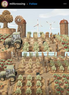 an image of farm land with tractors and windmills