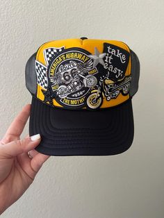 This cute trucker style hat is the perfect gift! Very unique patch style trucker hat! Snag one for you or a friend! 😊 PLEASE NOTE that the size of patches & placement may slightly differ than the hat pictured. My patches are sourced from multiple different places & may not always be exactly as shown but I do my best to keep them as close as possible  **Listing is for HAT ONLY ❤ CUSTOM: We're happy to create something custom for you! Please just send a message with your idea & we will work toget Adjustable Trucker Baseball Cap, Adjustable Trucker Hat, Trucker Snapback Hat With Curved Bill, Trucker Mini Hat With Curved Brim, Trucker Snapback Hat With Flat Bill, Trucker Style Snapback Baseball Cap, Trucker Baseball Cap With Patches For Outdoor, Trucker Style Baseball Cap With Patches For Outdoor, Trucker Snapback Hat - One Size Fits Most