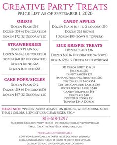 a pink and white flyer for a party with text on it that reads creative party treats price list as of september 1, 2020