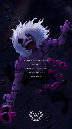 an animated character with white hair and purple eyes, in the middle of a dark background