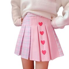 Valentine Pleated Heart Lolita Kawaii Skirt Pink Princess Kawaii Babe Kawaii Skirt, Pink Pleated Skirt, Style Kawaii, Cheap Skirts, Printed Pleated Skirt, Plaid Mini Skirt, Outfits Winter, Pink Skirt