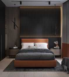 a modern bedroom with black walls and wood flooring, an orange headboard on the bed