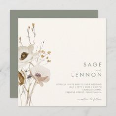 This Whimsical Wildflower | Ivory wedding invitation is perfect for your simple, elegant boho wedding. The minimalist watercolor wildflowers will help bring your vision to life! The design of pretty white and gold flowers, with touches of purple and yellow, is sure to complete your minimal fall floral wedding dream! Keep it as is, or choose to personalize it with your photos! You can also look to other items in this collection to truly bring your whole wedding together! Simple Wedding Stationery, White And Gold Flowers, Wildflower Weddings, Elegant Boho Wedding, Fall Floral Wedding, Whimsical Wedding Invitations, Ivory Wedding Invitations, Watercolour Wedding Stationery, Square Wedding Invitations