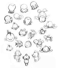 a bunch of cartoon animals that are drawn in pencil