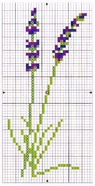 a cross stitch pattern with purple flowers in the center and green stems on each side