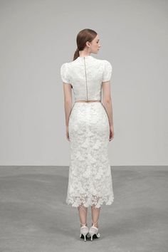 Della Cropped Queen Anne Neck Embroidered Lace Top | MEAN BLVD Elegant Cropped Top With Delicate Lace, Chic Lace Top With Floral Embroidery, White Delicate Lace Cropped Top, Fitted Cropped Lace Top With Scalloped Edges, Fitted Cropped Lace Top With Scalloped Lace, Elegant Scalloped Lace Cropped Top, Elegant Cropped Lace Top, White Cropped Lace Top With Lace Trim, Fitted Chic Lace Crop Top