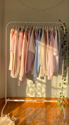 a rack with clothes hanging on it in front of a wall and wooden flooring