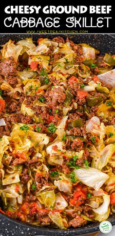 a skillet filled with cabbage and meat is shown in front of the words cheesy ground beef cabbage skillet