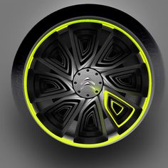 a wheel with neon yellow spokes and black rim on a gray background, 3d rendering