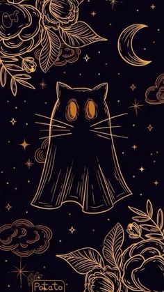 a cat with yellow eyes and stars in the sky