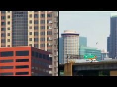 there are two pictures of buildings in the same city, one with a green street sign