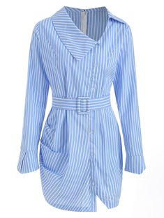 Luxury Casual Blue Shirt Dress, Christmas Big Sale, Chic Striped Knee-length Shirt Dress, Button-up Shirt Dress With Striped Collar For Daywear, Striped V-neck Shirt Dress For Beach, Chic Striped Long-sleeve Shirt Dress, Fancy Dresses Long, Collar Designs, Business Fashion