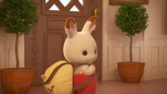 an animated rabbit with a backpack and potted plants in front of the entrance to a house