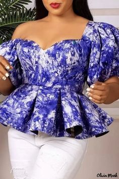 Olivia Mark - Deep Blue V-Neck Print Patchwork Blouse - Elegant and Stylish Womens Peplum Tops, Ruffle Hem Blouse, African American Fashion, Tie Dye Tops, African Print Tops, Patch Work Blouse, Ankara Style, Top Shirt Women, Ruffle Shirt