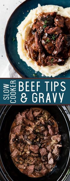 beef tips and gravy on top of mashed potatoes