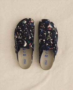 Boston Midnight Birkenstock with Paint. -- Midnight Blue with Bright Multi Paint SHOE THE GREAT. HOL 23 BIRKENSTOCK Birkenstock 2024, Boston Birkenstock, Clogs Outfit, Futuristic Shoes, Pretty Shoes Sneakers, Streetwear Fits, Mama Style, Birkenstock Boston, Vintage Denim Jacket