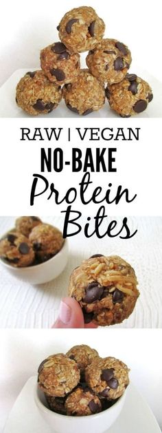 no - bake protein bites are stacked on top of each other with chocolate chips