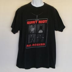 True Vintage, Original Quiet Riot Concert Tshirt, Size Xl Black Crew Neck, Short Sleeves Front Has A Printed All Access Pass With A Pic Of All 4 Original Members Back Has A Different Pic With Alive And Well Which Came Out In 1999. No Date On The Shirt. Wash Faded Measurements - Flat (All Measurements In Inches) Shoulder, Seam To Seam - 22.5 Underarm To Underarm - 23 Length, From Center Of Back (Below Collar If Present) - 29 M6 Quiet Riot, Concert Tshirts, A Pic, True Vintage, Vintage Shirts, Vintage Men, Vintage Black, Tee Shirts, Short Sleeves