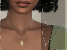 an image of a woman with necklaces on her chest and neck, in three different colors