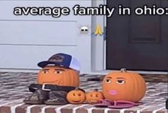 two pumpkins sitting on top of a porch with the caption average family in ohio