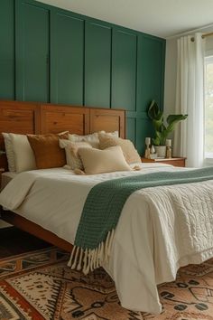 a bedroom with green painted walls and a bed in the middle, surrounded by rugs