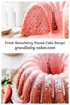 two pictures of a strawberry pound cake with powdered sugar on top and the bottom