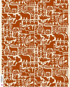 an orange and white pattern with animals on it