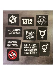 #punk #crust #crustpunk #patches #punkpatches #anarchy #anarchist #1312 #acab #nojusticenopeace #nojustice #nopeace #protest #activist #activism #punksnotdead #trans #transgender #queer #lgbtq #lgbt #equality #feminism #feminist #antinazi #antiracist #antifascist #genderequality Battle Vest Patches, Jacket Patches Punk, Patch Inspo Punk, Punk Symbols Meaning, Battle Jacket Patch Ideas, Patch Design Ideas Punk