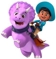 a cartoon character riding on the back of a purple dinosaur with a cowboy's hat