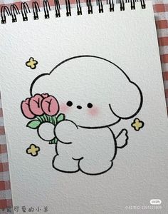 a drawing of a dog holding a flower