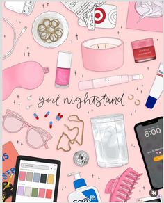 a pink background with various items on it and the words girl night stand above them