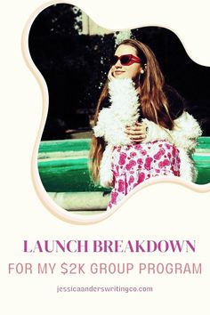 a woman sitting on top of a green bench next to a fountain with the words launch breakdown for my s2k group program