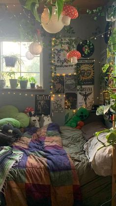 a bed room with a neatly made bed and lots of plants