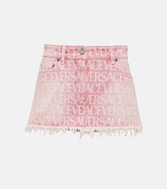 Versace Allover Denim Miniskirt in Pink - Versace | Mytheresa Versace Shorts, Versace Pink, Denim Miniskirt, Versace Couture, Flamingo Pink, Versace Outfit, Dolce E Gabbana, Pink Mini, Short Outfits