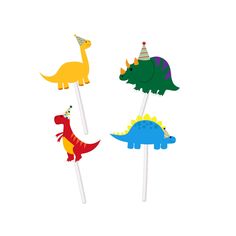 three dinosaur lollipops with party hats on them