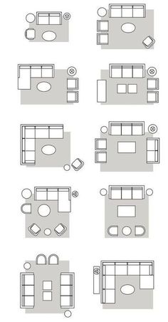 the different types of furniture are shown in black and white, including couches, coffee table