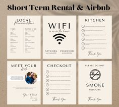 the short term rental and airbnb flyer is shown in four different colors, including black